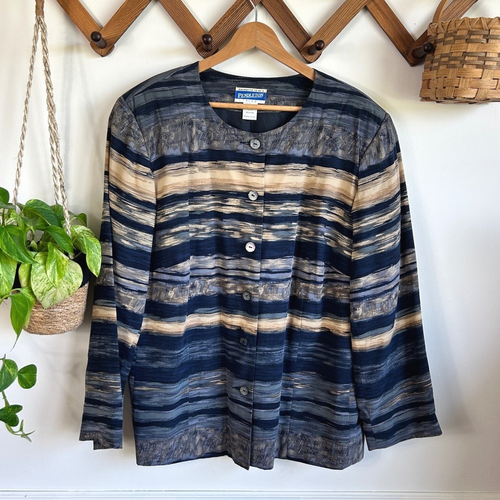 Vintage Pendleton Plus 100% Silk Abstract Stripe Collarless Blazer Jacket Navy
